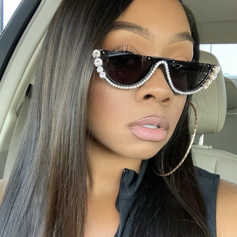 Diamond Cat Eye Sunglasses Women Semi-Rimless Sun Glasses Luxury Brand Designer Crystal Sexy Frame Rhinestone Eyewear Oculos