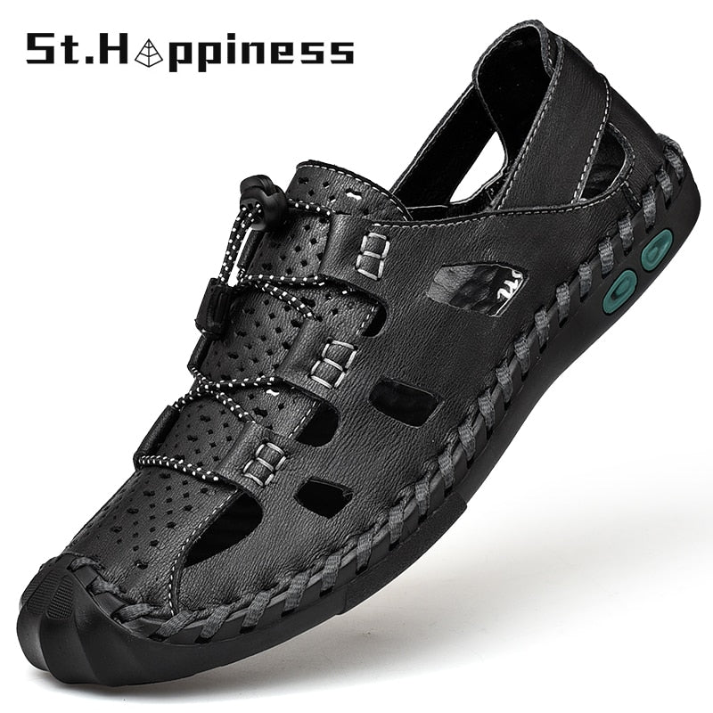 2021 New Summer Men's Leather Sandals Brand Fashion Casual Handmade Roman Sandals Outdoor Sport Hiking Beach Sandals Big Size 48
