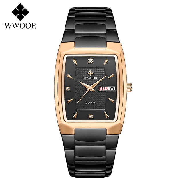 2021 WWOOR Luxury Gold Full Steel Watches Mens Square Quartz WristWatch For Men Sport Waterproof Week and Date Relogio Masculino