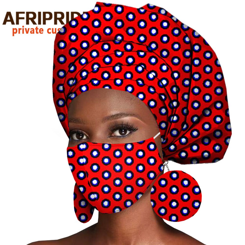 African Headwrap Earrings Hair Accessories Scarf Bonnet Ankara Wax Fabric Head Turban African Headscarf Mask Match Print A20H004
