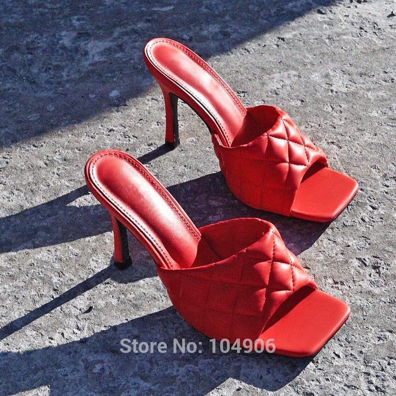Marian Sqaure Toe Red Quilted Mule Heels Shoe Black PU High Heel Shoes Women Sandals Sliper Woman Shoes zapatos mujer White Blue