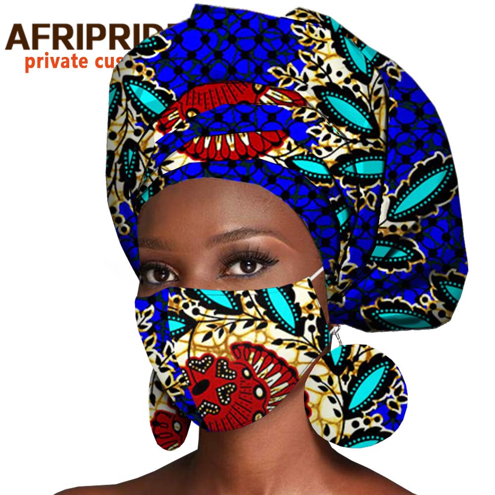 African Headwrap Earrings Hair Accessories Scarf Bonnet Ankara Wax Fabric Head Turban African Headscarf Mask Match Print A20H004