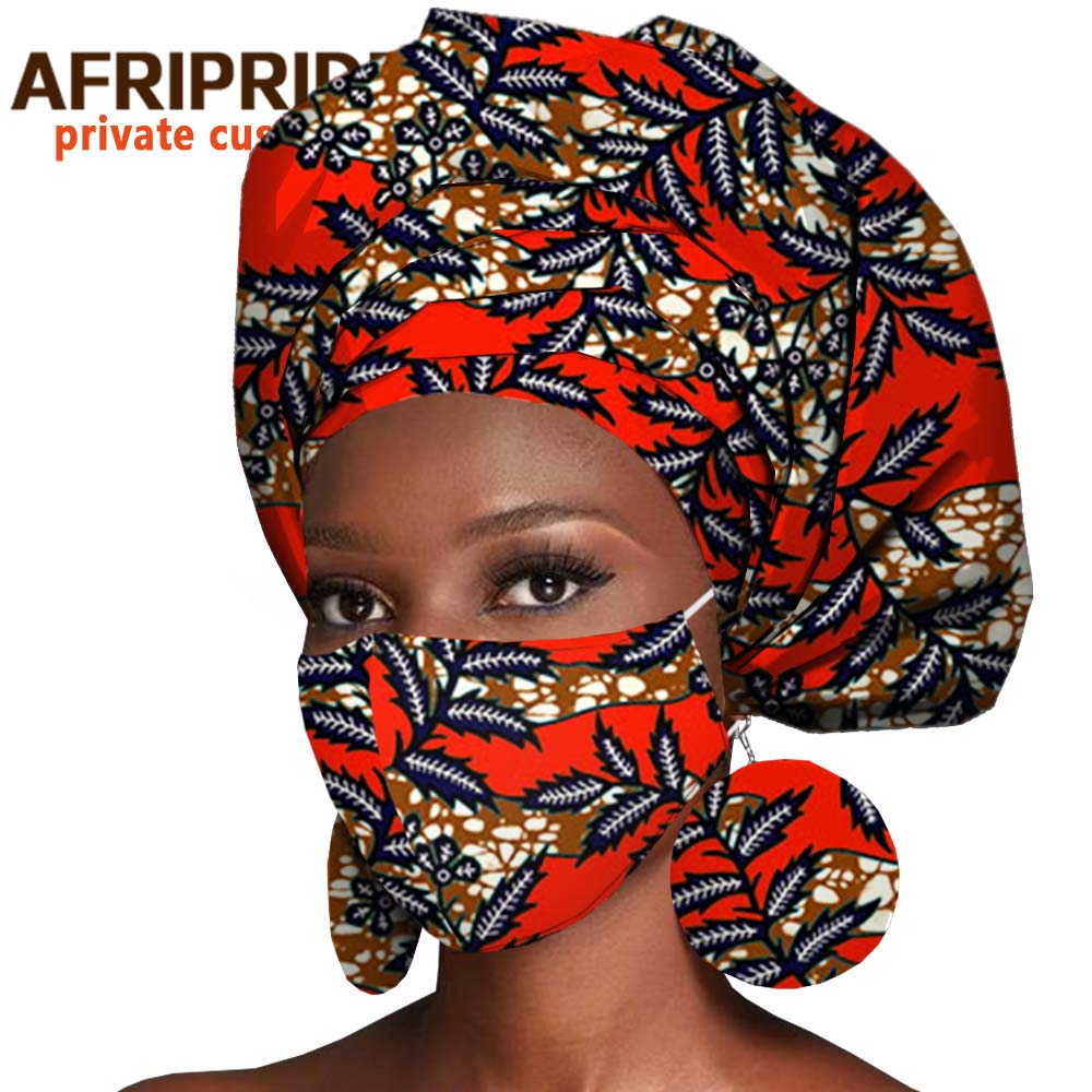 African Headwrap Earrings Hair Accessories Scarf Bonnet Ankara Wax Fabric Head Turban African Headscarf Mask Match Print A20H004