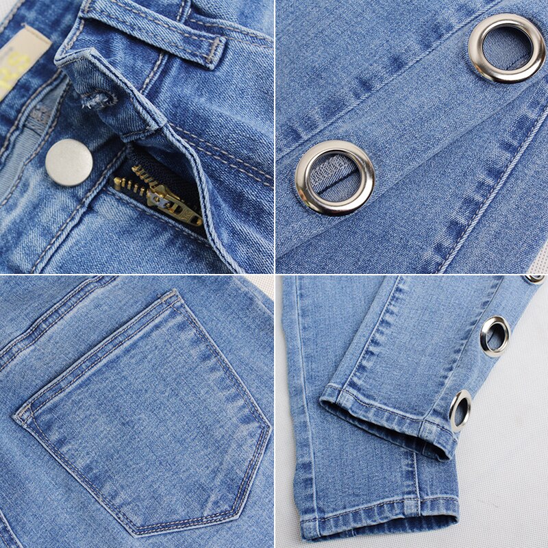 Side Eyelets High Waist Jeans Hollow Out Boyfriend Jeans For Women Skinny High Street Jeans Blue Black Denim Pencil Pants
