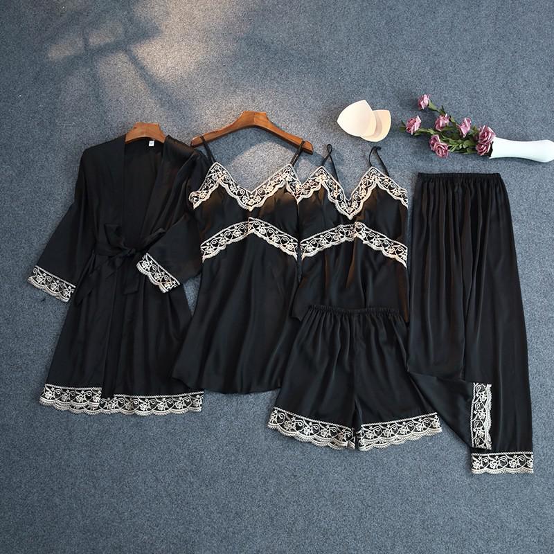 Print Pajamas Set Silky Women 5 Piece Sleepwear Satin Lace Sleep Pyjama Lounge with Belt Chest Pads Sexy Strap Home Nightwear