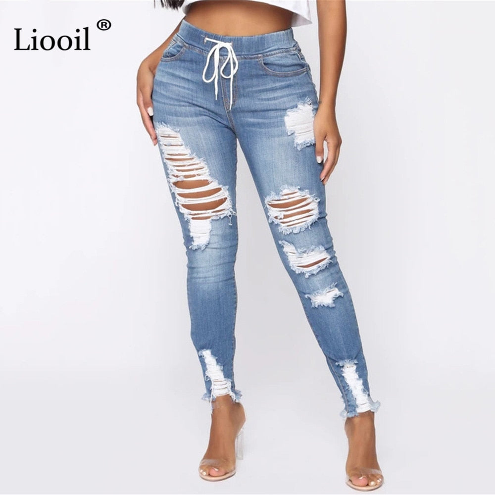Light Blue Ripped Jeans for Women 2021 Street Style Sexy Mid Rise Distressed Trouser Stretch Skinny Hole Denim Pencil Pants