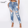 Light Blue Ripped Jeans for Women 2021 Street Style Sexy Mid Rise Distressed Trouser Stretch Skinny Hole Denim Pencil Pants