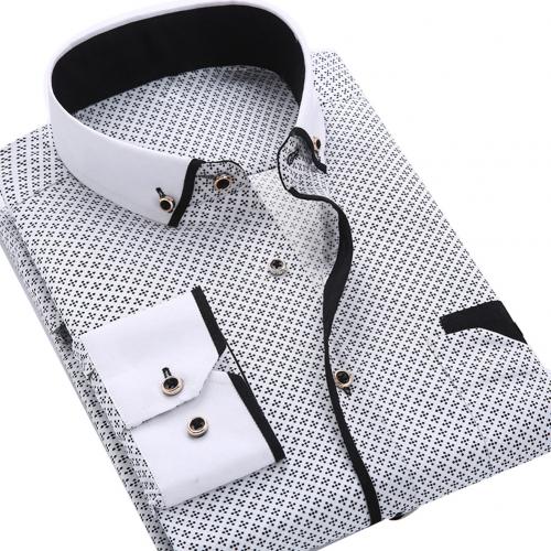 Business Mens Dot Plaid Print Turndown Collar Long Sleeve Button Shirt Blouse Tops Fashion Casual shirt Male Social Dress Shirts