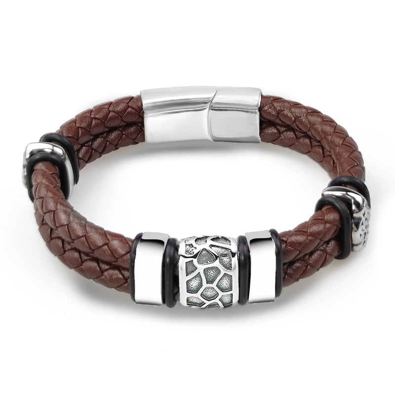 MingAo Punk316l Stainless Steel Irregularly Cracked Bead Bracelet Genuine Braided Leather Male Bracelets & Bangles Men's Jewelry
