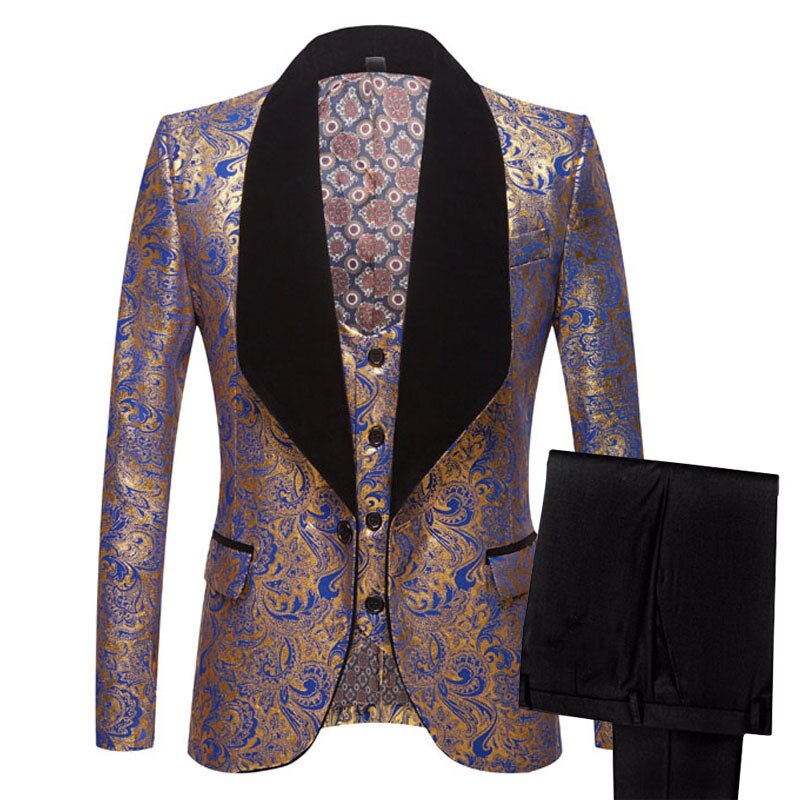PYJTRL Mens Three-piece Set Wedding Suits Gold Floral Pattern Slim Fit Party Prom Dress Tuxedo Singers Costume Smoking Uomo