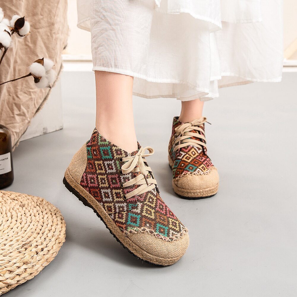 Handmade Women Linen Shoes Ankle Boots Cotton Espadrilles Bohemian Plaid Ladies Casual Flats Platform Sneaker Shoes Woman