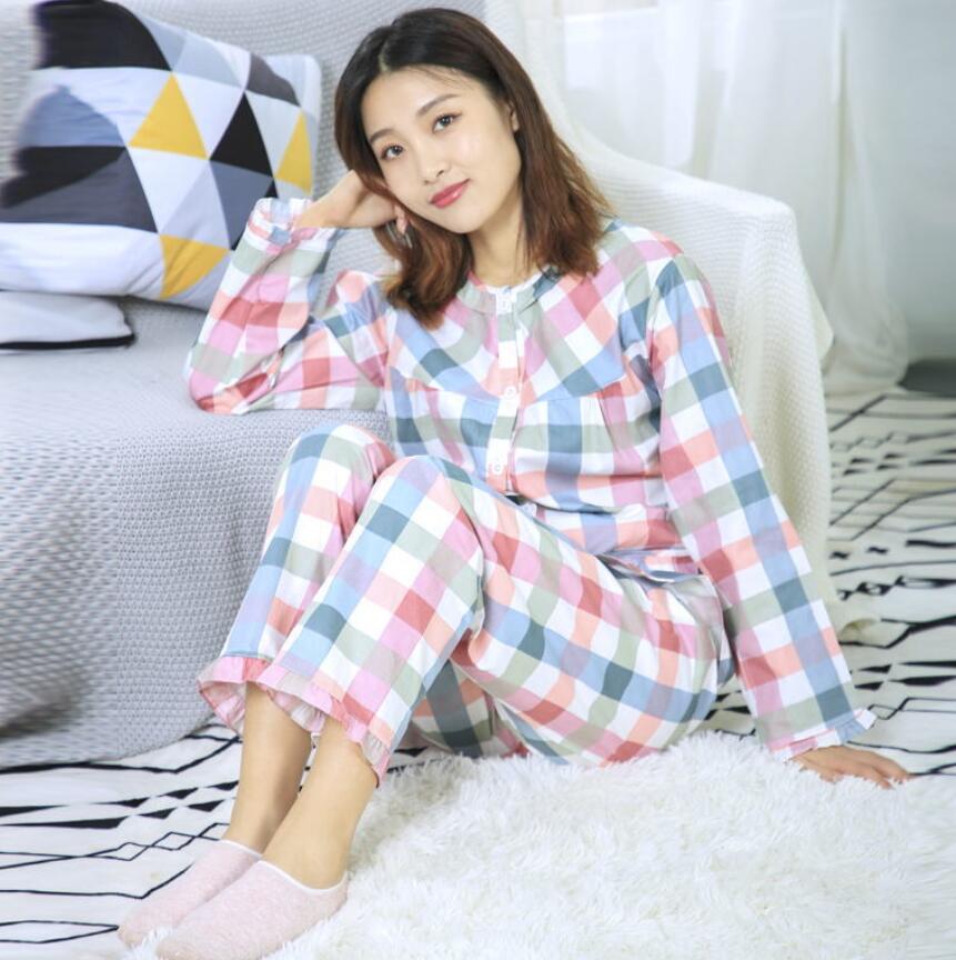 100% Cotton Women Pajamas Sets with Pants Cotton Pijama Plaid Spring Summer Pyjamas Sleepwear Cute Night Wear Nightsuits Mujer