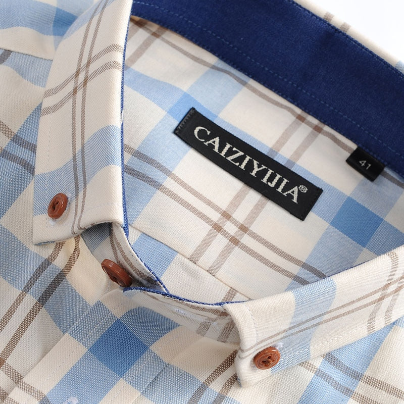 Men's 100% Cotton Long Sleeve Contrast Plaid Checkered Shirt Pocket-less Design Casual Standard-fit Button Down Gingham Shirts