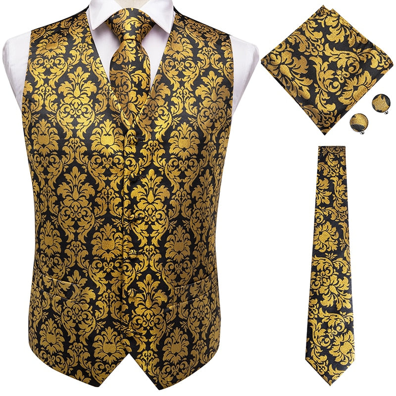 Hi-Tie Silk Adult Men's Vest for Suit Luxury Paisley Floral Plaid Suit Vest and Tie Set Blue Gold Red Sliver Wedding Vest Men