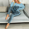 Umeko Ladies Sportswear Long Sleeve One-shoulder Printed Buttons Heart Tops Leopard Print Trousers Autumn Women's Casual Sets