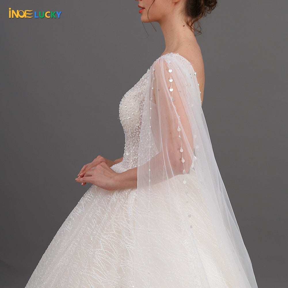 INOE Women Luxury Long Wedding Dress Sequins Fashion Rhinestone Ball Gown Floor Length Tulle Organza Watteau White Party Dress