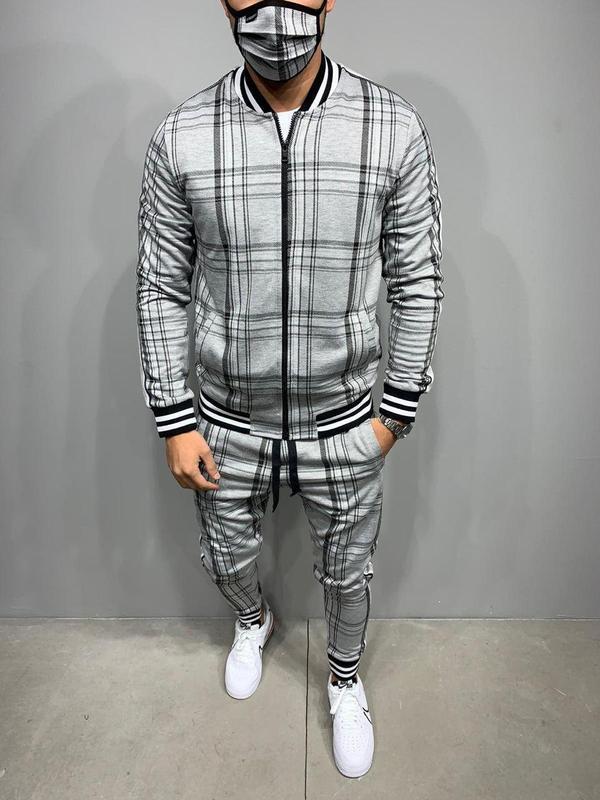 Muscle brothers 2021 new 3D printing retro men's casual sports stripe Plaid suit