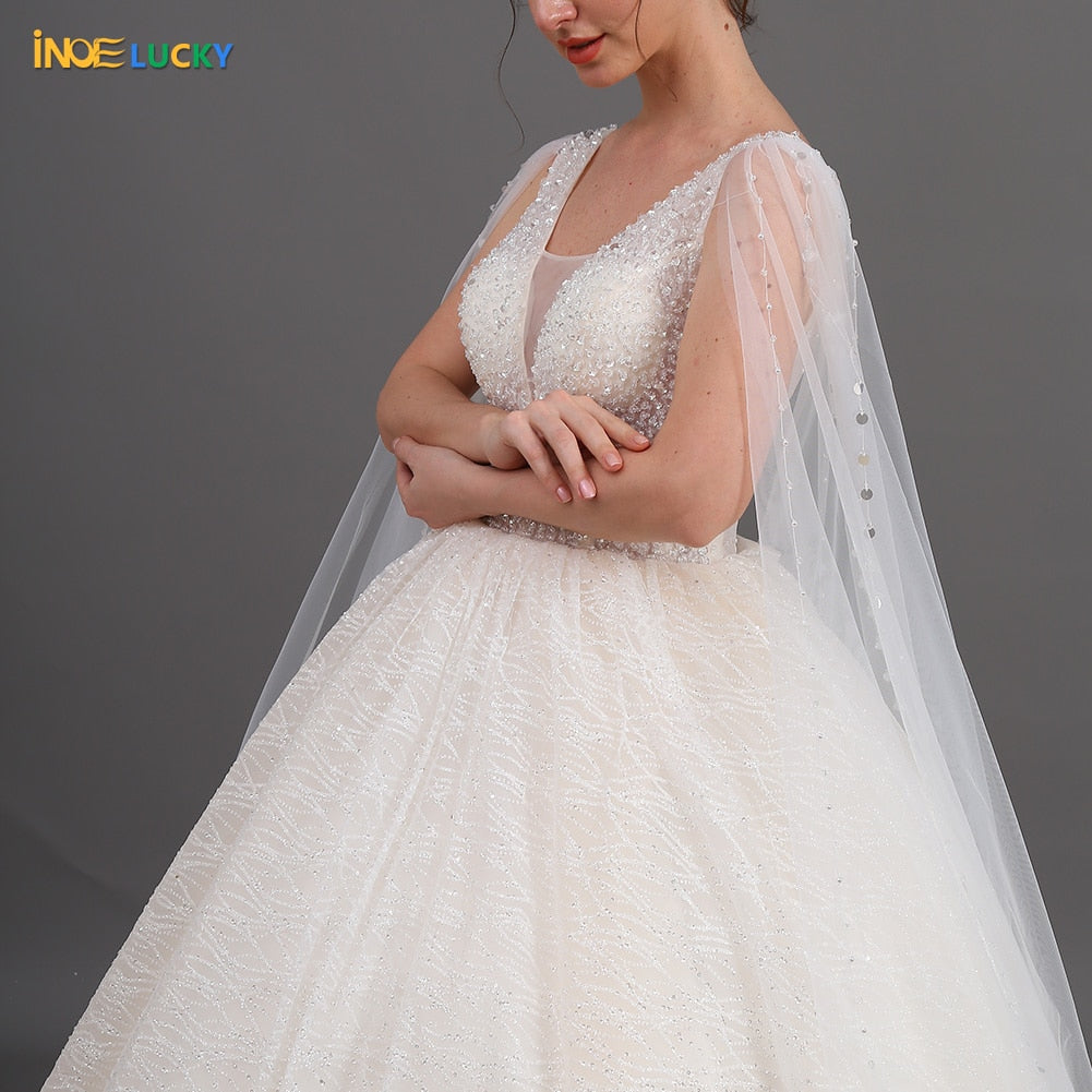 INOE Women Luxury Long Wedding Dress Sequins Fashion Rhinestone Ball Gown Floor Length Tulle Organza Watteau White Party Dress