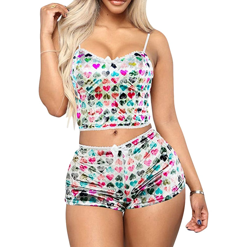 Ladies Pajama Set Cute Print Pattern Sleepwear Silk V Neck Sexy Pijama Satin Night Home Suits Wear Sleeveless Top And Shorts