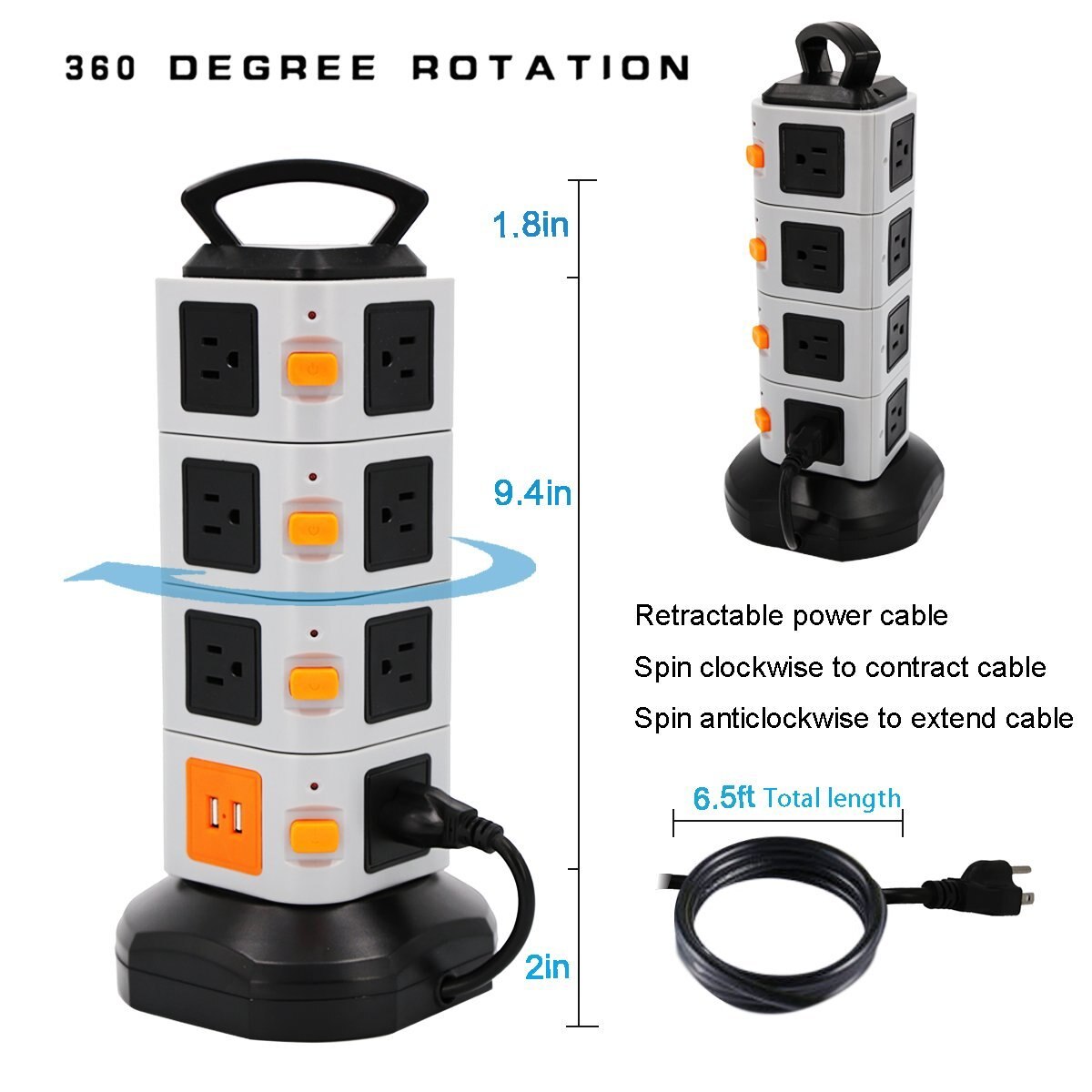Tower Power Strip Vertical Extender Outlets Surge Protector 2500W 10A Socket with USB 2m/6.5ft Extension Cord for Home Office