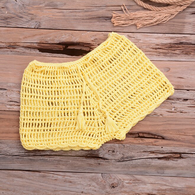 Crochet Hollow Out Tassel Beach Cover Up Sexy Women Mini Tops Beachwear Bikini Swimwear Bathing Suit Cover Up