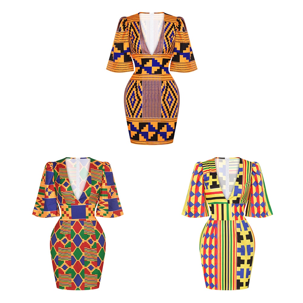 African Dresses for Women 2021 New Fashion Summer V-neck African Short Sleeve Printing Dress African Women Clothes