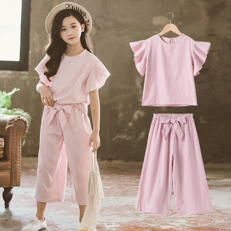 Korean Big Girls Summer Clothing Sets 2021 New Kids Striped Ruffle Sleeve +Wide Leg Pants Fashion Two-piece Teenage Outfits Set