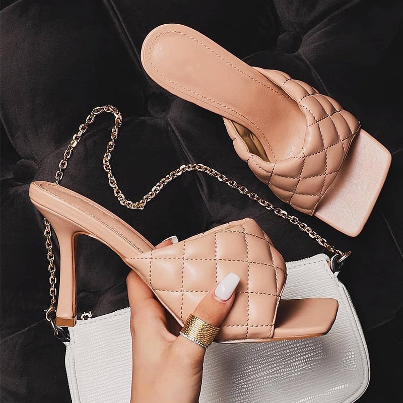 Marian Sqaure Toe Red Quilted Mule Heels Shoe Black PU High Heel Shoes Women Sandals Sliper Woman Shoes zapatos mujer White Blue