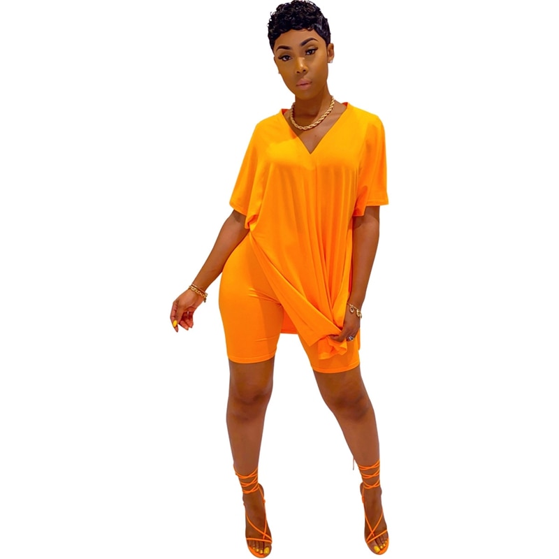 Two Piece Set Women Clothes Casual V Neck T Shirt Top and Shorts Set Streetwear Sexy 2 Piece Outfits for Women Suit Summer Short