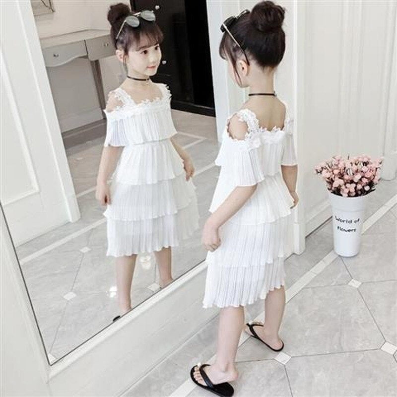Summer Girls Knee Length Casual Dress Fashion Chiffon Layered Cute Flower Network Sling Sleeveless Dresses 2 Children's Clothing