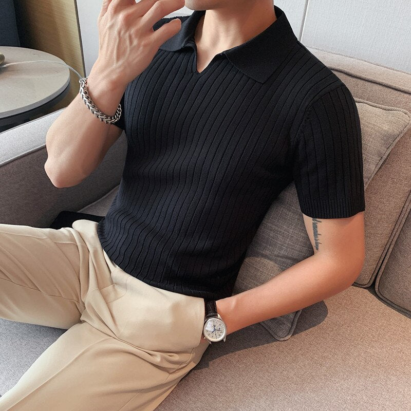 2022 Men High Quality Knitting POLO Shirts/Male Slim Fit Leisure V-Neck Short Sleeves Polo Shirts Men's elastic POLO Shirts 3XL