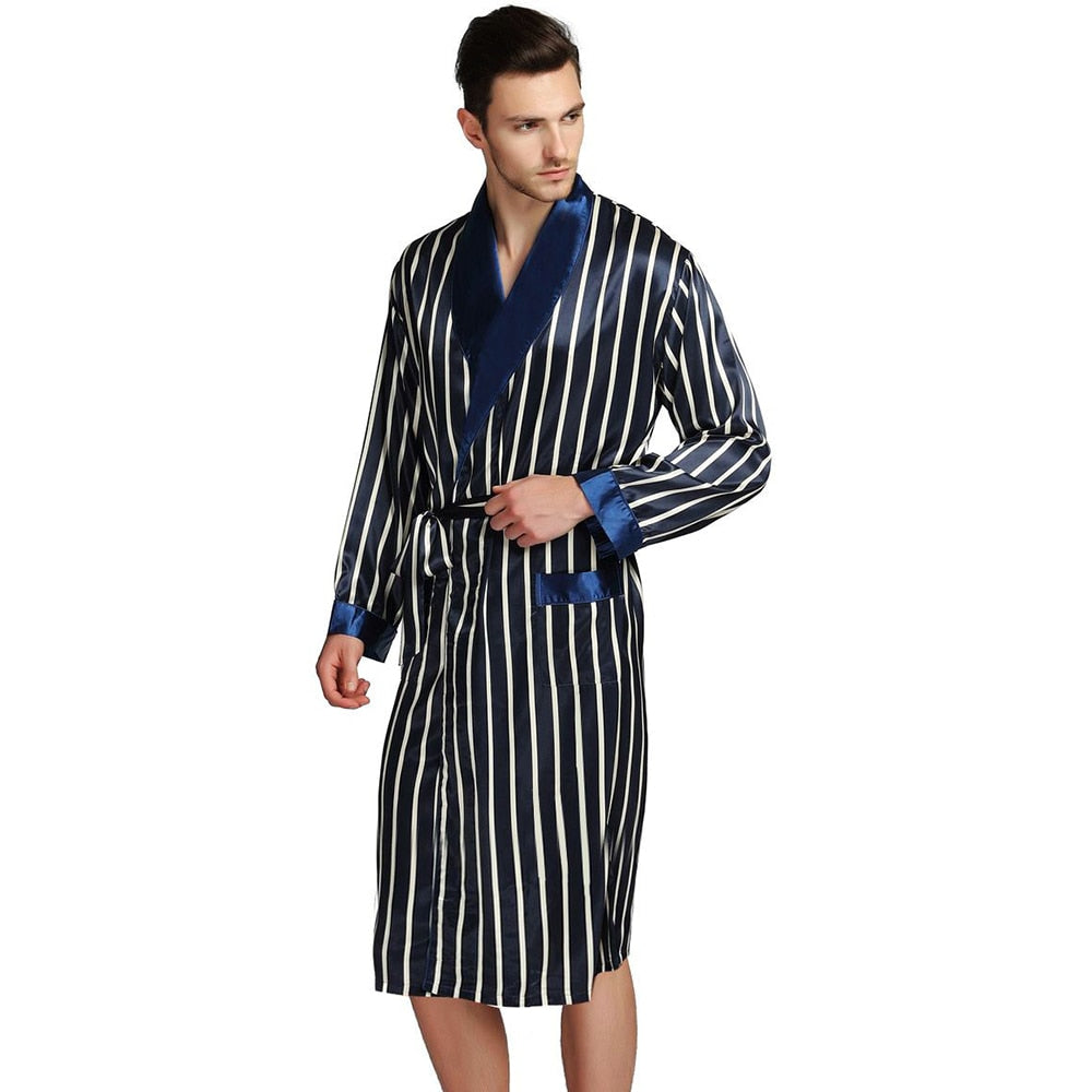 Mens Silk Satin Pajamas Pajama Pyjamas PJS Sleepwear Robe Robes Nightgown Robes S M L XL 2XL 3XL Plus Beige Blue Striped