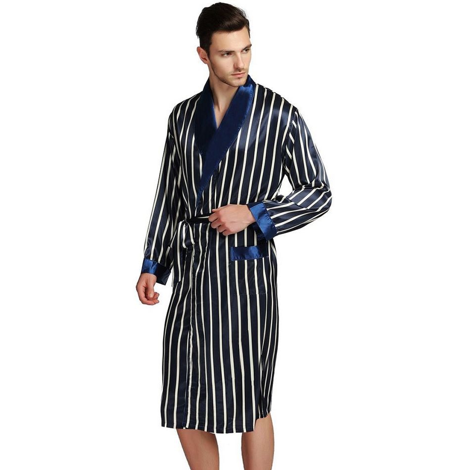 Mens Silk Satin Pajamas Pajama Pyjamas PJS Sleepwear Robe Robes Nightgown Robes S M L XL 2XL 3XL Plus Beige Blue Striped