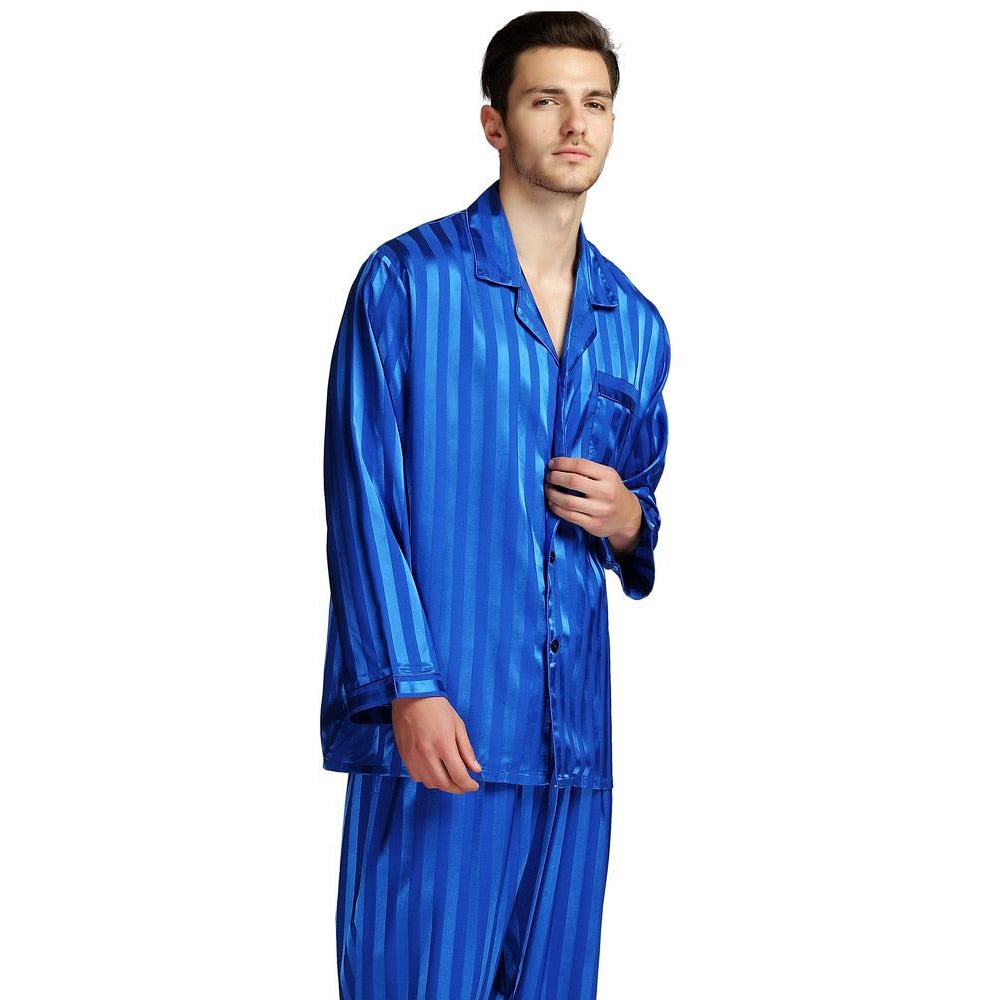 Mens Silk Satin Pajamas Set Pajama Pyjamas Set PJS Sleepwear Set Loungewear U.S.S,M,L,XL,2XL,3XLL,4XL Plus Striped