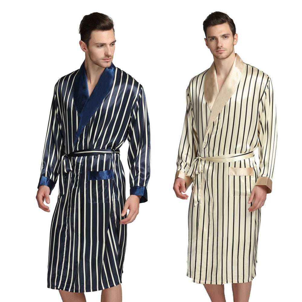 Mens Silk Satin Pajamas Pajama Pyjamas PJS Sleepwear Robe Robes Nightgown Robes S M L XL 2XL 3XL Plus Beige Blue Striped