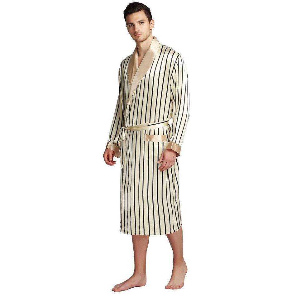 Mens Silk Satin Pajamas Pajama Pyjamas PJS Sleepwear Robe Robes Nightgown Robes S M L XL 2XL 3XL Plus Beige Blue Striped