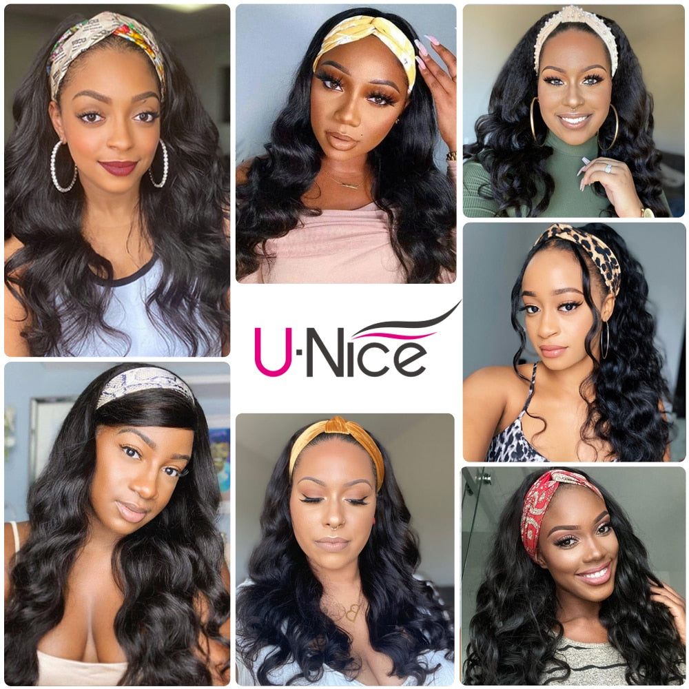 Unice Hair Body Wave Headband Wigs 150% Density Brazilian Glueless Human Hair Wigs Natural Color Headband Scarf Wigs