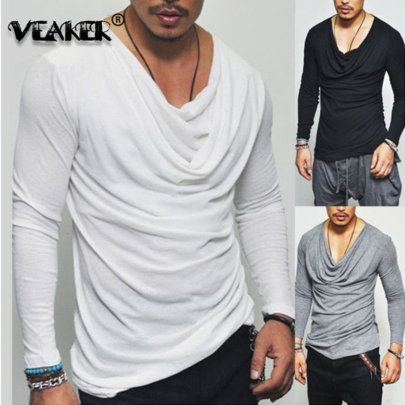 Plus Size Sexy T Shirt Men Spring Long Sleeve Deep V Neck Tshirt Sexy Heap Collar Solid Cotton Fashion Male Irregularity Gym top