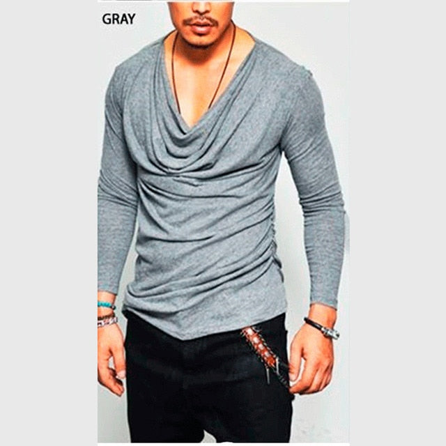 Plus Size Sexy T Shirt Men Spring Long Sleeve Deep V Neck Tshirt Sexy Heap Collar Solid Cotton Fashion Male Irregularity Gym top