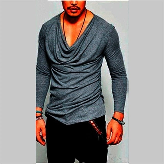 Plus Size Sexy T Shirt Men Spring Long Sleeve Deep V Neck Tshirt Sexy Heap Collar Solid Cotton Fashion Male Irregularity Gym top