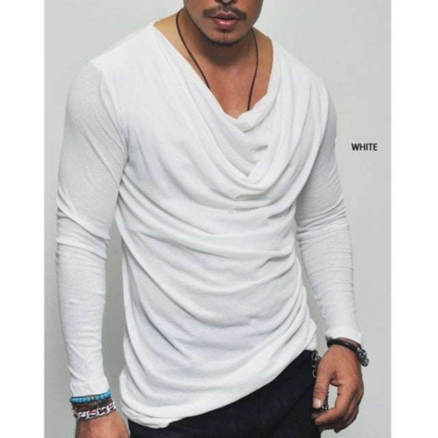 Plus Size Sexy T Shirt Men Spring Long Sleeve Deep V Neck Tshirt Sexy Heap Collar Solid Cotton Fashion Male Irregularity Gym top