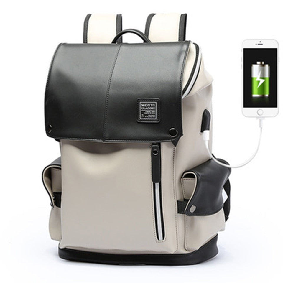 Fashion Men Backpacks Male PU Leather Backpack Laptop 15.6 Inch Women Female Bags Boys Girls Student Casual USB Charging Bagpack