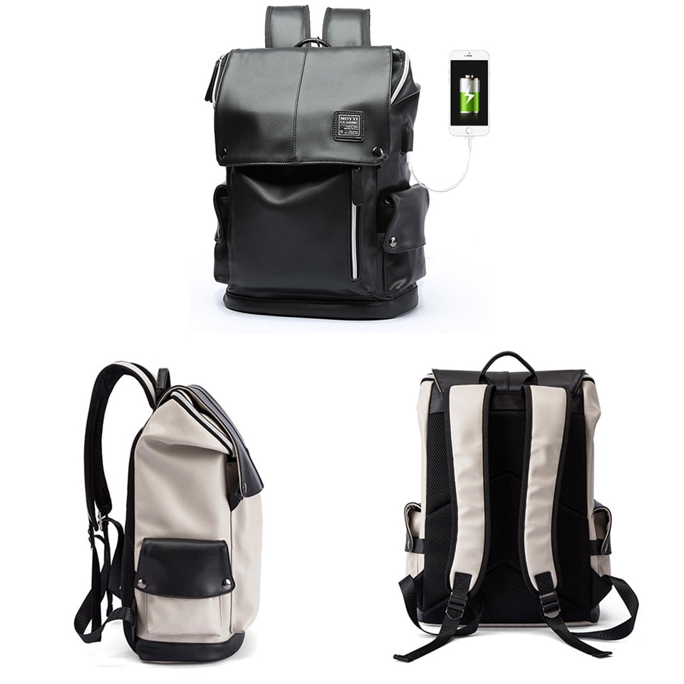 Fashion Men Backpacks Male PU Leather Backpack Laptop 15.6 Inch Women Female Bags Boys Girls Student Casual USB Charging Bagpack