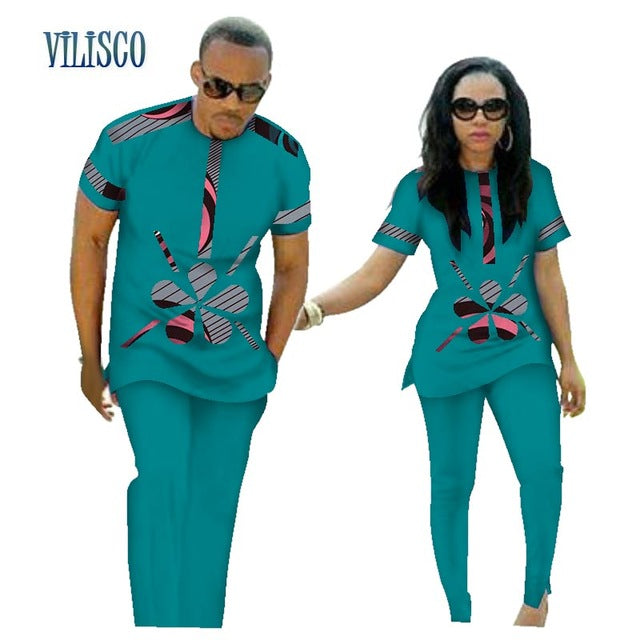 Summer African Print Top and Pants Sets for Couple Clothing Bazin Riche Sweet Flower Patter 2 Pieces Lover Couples Clothes WYQ84
