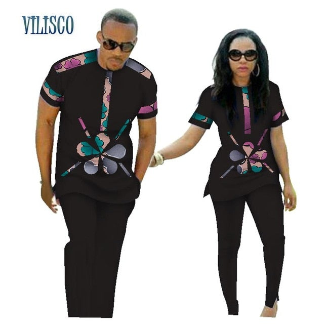 Summer African Print Top and Pants Sets for Couple Clothing Bazin Riche Sweet Flower Patter 2 Pieces Lover Couples Clothes WYQ84