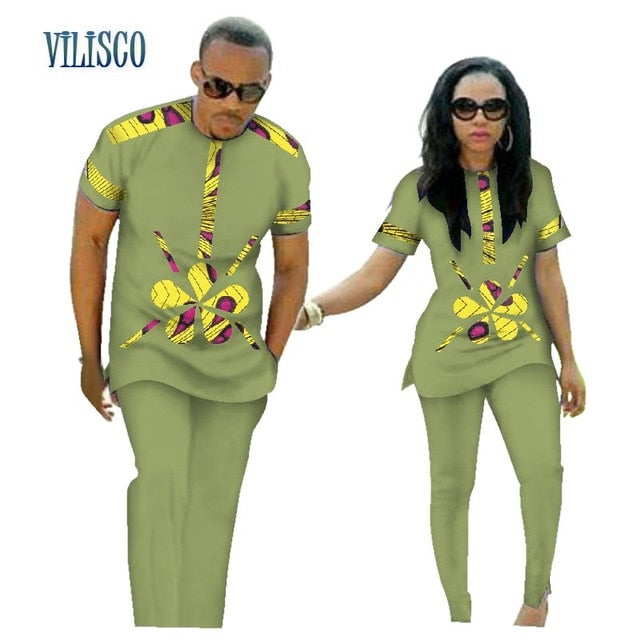 Summer African Print Top and Pants Sets for Couple Clothing Bazin Riche Sweet Flower Patter 2 Pieces Lover Couples Clothes WYQ84