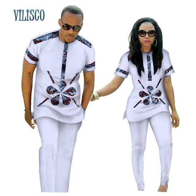 Summer African Print Top and Pants Sets for Couple Clothing Bazin Riche Sweet Flower Patter 2 Pieces Lover Couples Clothes WYQ84