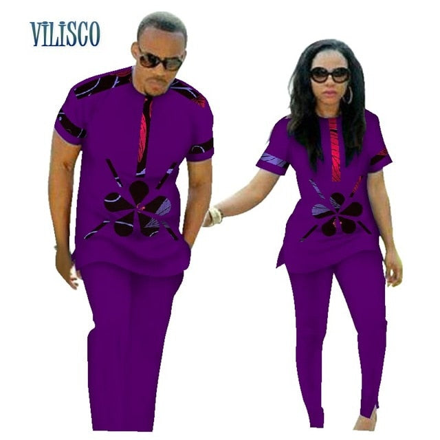 Summer African Print Top and Pants Sets for Couple Clothing Bazin Riche Sweet Flower Patter 2 Pieces Lover Couples Clothes WYQ84