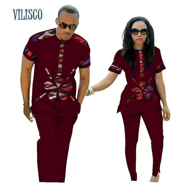 Summer African Print Top and Pants Sets for Couple Clothing Bazin Riche Sweet Flower Patter 2 Pieces Lover Couples Clothes WYQ84