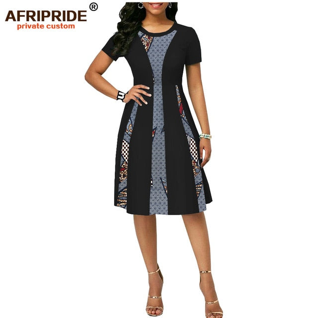 2019 summer african print dress for women AFRIPRIDE tailor made short sleeve knee length women casual wax cotton dress A1825087